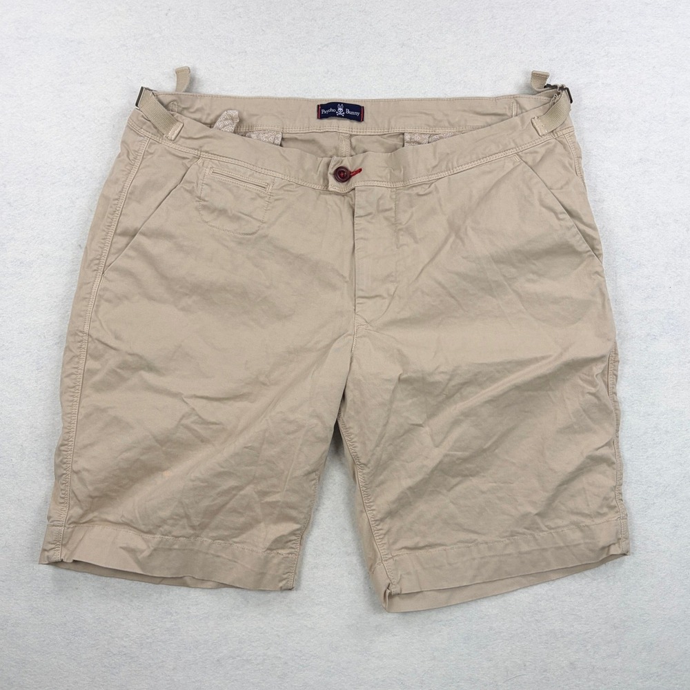 Psycho Bunny Mens Classic Chino Shorts Tan Khaki Size 36 Side Cinch Stretch Logo